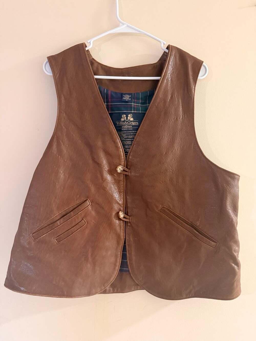 Willis & Geiger Outfitters Vintage Brown Leather Plaid Lined Vest